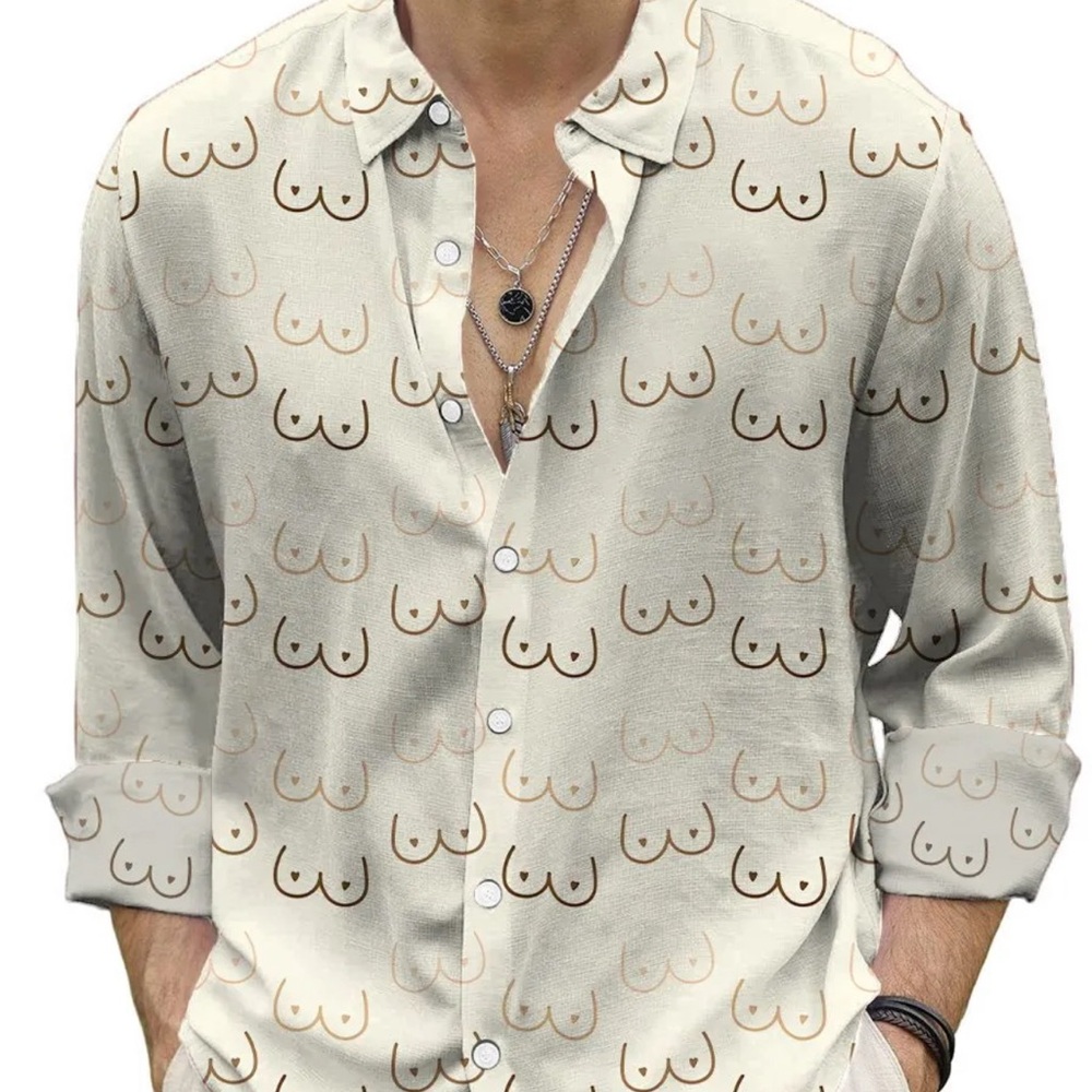 Men's Casual Shirt Fun Boobs Print Long Sleeve Print Shirt
